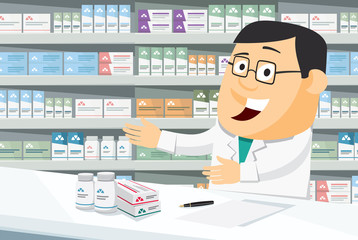 Pharmacist chemist man in pharmacy. Sale of vitamins and medications. Funny cartoon vector simple illustration.