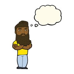 cartoon serious man with beard with thought bubble