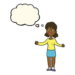 cartoon happy woman shrugging shoulders with thought bubble