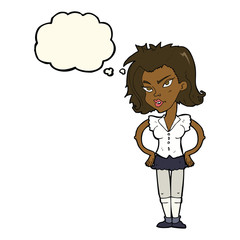cartoon woman with hands on hips with thought bubble