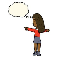 cartoon woman pointing with thought bubble