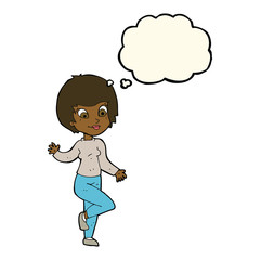 cartoon woman waving with thought bubble