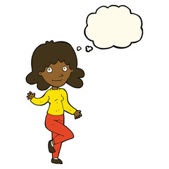 cartoon friendly woman waving with thought bubble