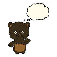 cartoon black bearcub waving with thought bubble
