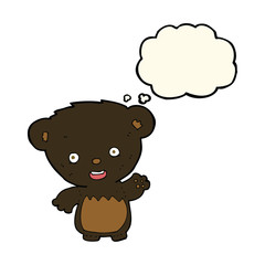 cartoon black bearcub waving with thought bubble