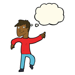 cartoon happy man pointing with thought bubble