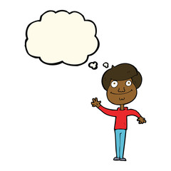 cartoon happy man waving with thought bubble