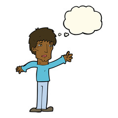 cartoon worried man reaching out with thought bubble