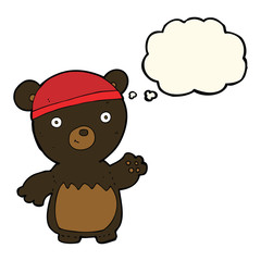 cartoon black bear wearing hat with thought bubble
