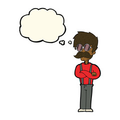 cartoon hipster man with mustache and spectacles with thought bu