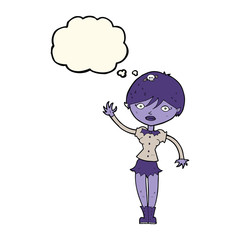 cartoon vampire girl waving with thought bubble