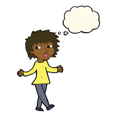 cartoon woman with no worries with thought bubble