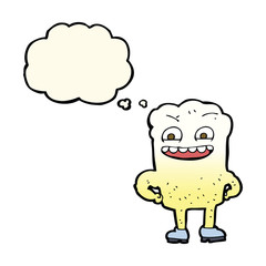 cartoon happy tooth with thought bubble