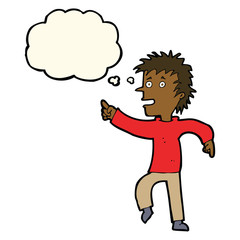 cartoon happy man pointing with thought bubble