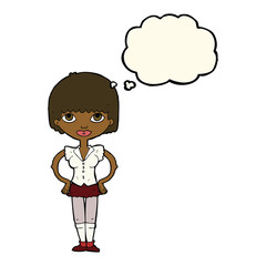 cartoon woman with hands on hips with thought bubble