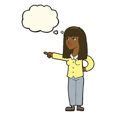 cartoon pretty woman pointing with thought bubble