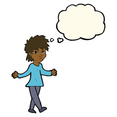cartoon woman shrugging shoulders with thought bubble