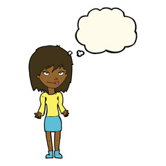 cartoon woman shrugging shoulders with thought bubble