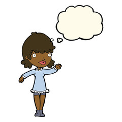 cartoon woman waving with thought bubble