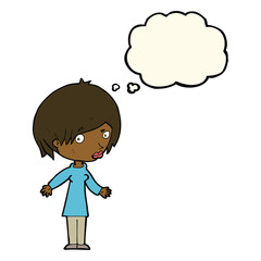 cartoon woman shrugging shoulders with thought bubble