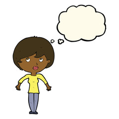 cartoon woman shrugging shoulders with thought bubble