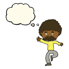 cartoon mustache man disco dancing with thought bubble