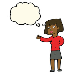 cartoon woman explaining with thought bubble