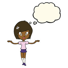 cartoon woman making balancing gesture with thought bubble
