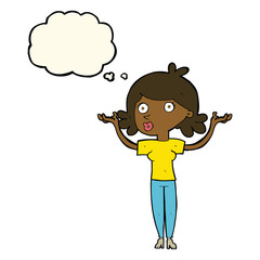 cartoon woman throwing arms in air with thought bubble