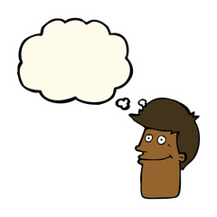 cartoon smiling man with thought bubble