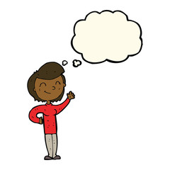 cartoon friendly waving woman with thought bubble