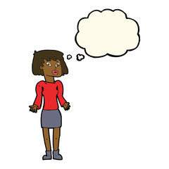 cartoon woman shrugging shoulders with thought bubble