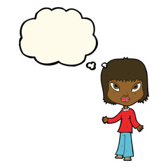 cartoon woman with open arms with thought bubble