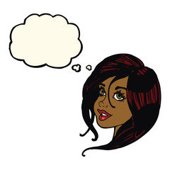 cartoon pretty female face with thought bubble