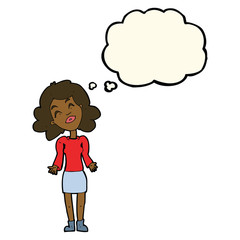 cartoon woman shrugging shoulders with thought bubble
