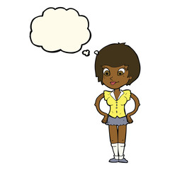 cartoon pretty woman with hands on hips with thought bubble