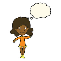 cartoon friendly woman waving with thought bubble