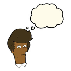 cartoon man narrowing eyes with thought bubble