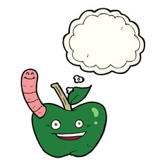 cartoon apple with worm with thought bubble