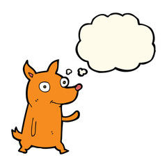 cartoon little dog waving with thought bubble