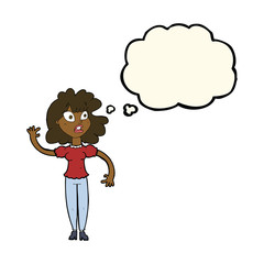 cartoon worried woman waving with thought bubble