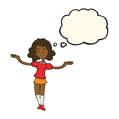 cartoon woman taking praise with thought bubble