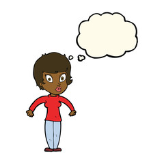 cartoon woman shrugging shoulders with thought bubble