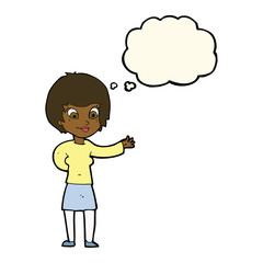 cartoon welcoming woman with thought bubble