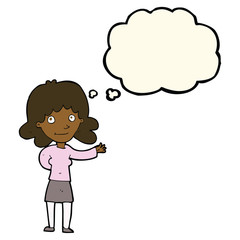 cartoon friendly woman with thought bubble