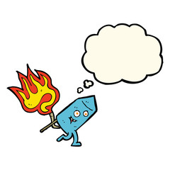 cartoon funny firework character with thought bubble