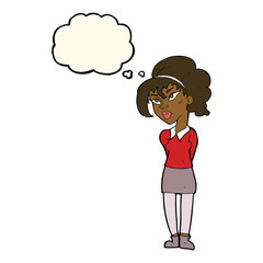 cartoon pretty girl tilting head with thought bubble