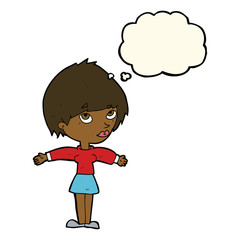 cartoon woman with open arms with thought bubble