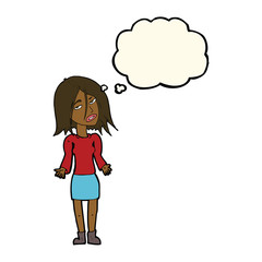 cartoon woman shrugging shoulders with thought bubble
