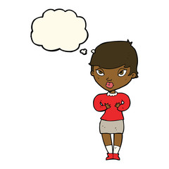 cartoon woman gesturing at self with thought bubble